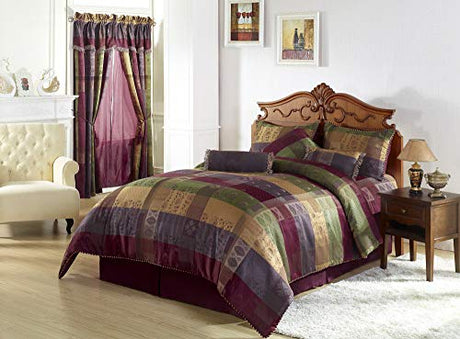 Chezmoi Collection 7 Pieces Multi Color Gitano Jacquard Patchwork Comforter Set King Size Bedding Chezmoi Collection