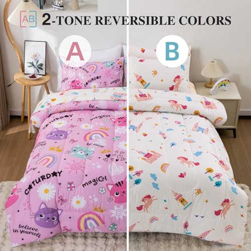 Btargot Twin Pink Cartoon Cat Reversible Comforter Set for Boys Girls Kids, 5 Pieces Rainbow Flowers Sun Painting Bedding Set with Sheets Btargot