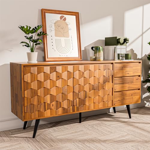Bme Sideboard Georgina Solid Wood 2 Doors & 3 Drawers, 61'' Mid Century Modern Cabinet with Geometric Pattern for Kitchen, Dining, Living Room, Teak