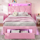 VIAGDO Pink Twin Bed Frames with LED Lights, Upholstered Platform Bed Frame Twin Size with Storage Headboard and Charging Station, LED Twin Bed Frame, No Box Spring Needed VIAGDO