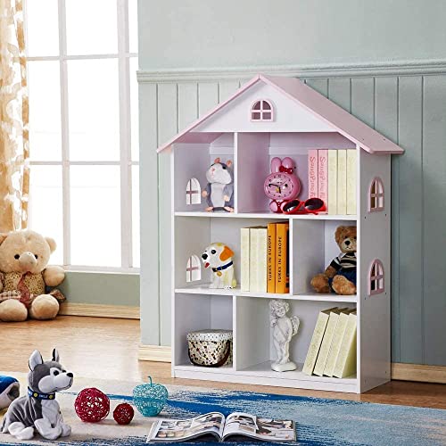 WODENY Pink Wooden Dollhouse Bookcase - 3-Tier Storage Organizer for Kids' Toys and Books WODENY