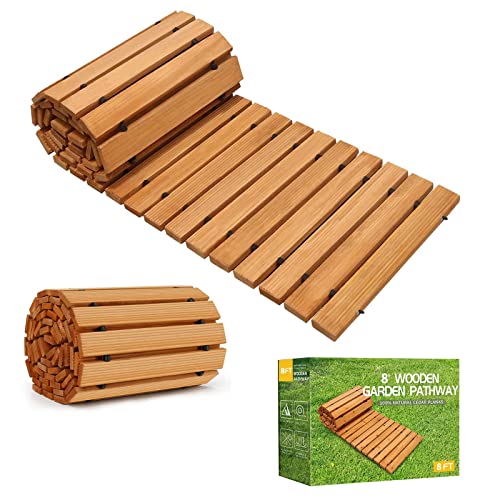 TONAHUTU 8FT Wooden Garden Pathway，Roll Out Wooden Pathway Weather-Resistant Walkway for Outdoor Patios 17" W Roll Out Hardwood Walkway with Non-Slip TONAHUTU