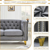 Velvet Living Room Sofa Set of 2, Comfy Loveseat and 3 Seater Couch, Modern Sofa with Tufted Back and Rivet Decoration, Upholstered Long Couch with Solid Golden Metal Tapered Legs, Grey KINFFICT
