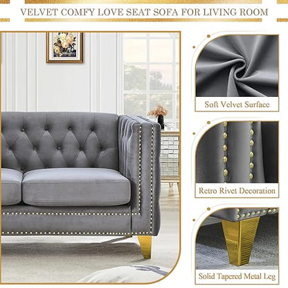 Velvet Living Room Sofa Set of 2, Comfy Loveseat and 3 Seater Couch, Modern Sofa with Tufted Back and Rivet Decoration, Upholstered Long Couch with Solid Golden Metal Tapered Legs, Grey - WoodArtSupply