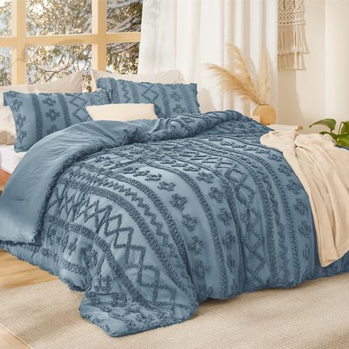 Bedsure Tufted Boho Comforter Set King Size - Grayish Blue Boho Bed Set, GentleSoft™ 3 Pieces Farmhouse Shabby Chic Embroidery Bedding, Gifts for Woman, Soft Jacquard King Comforter for All Seasons Bedsure