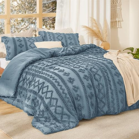 Bedsure Tufted Boho Comforter Set King Size - Grayish Blue Boho Bed Set, GentleSoft™ 3 Pieces Farmhouse Shabby Chic Embroidery Bedding, Gifts for Woman, Soft Jacquard King Comforter for All Seasons Bedsure