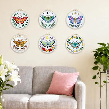 BEUNITONE 6 Set Moth Embroidery Kit for Adults Beginners, DIY Needlepoint Craft Kits with Instructions and Hoops, Complete Starter Set for Adults, Funny Hand Embroidery for Fabric and Home Decor BEUNITONE