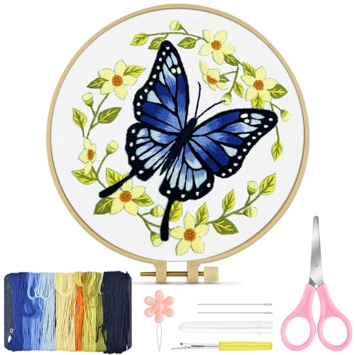 TINDTOP Embroidery Kit for Beginners Adult, Butterfly Embroidery Kit for Beginners Include Embroidery Cloth Hoops Threads for Craft Lover Hand Stitch with Embroidery Skill Techniques
