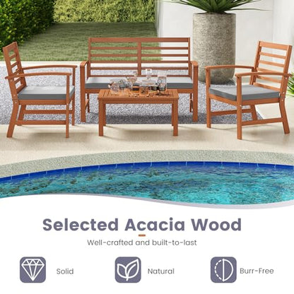 Tangkula 4 Pieces Outdoor Furniture Set, Acacia Wood Conversation Set w/Soft Seat Cushions, Stable Acacia Wood Frame, Patio Sofa & Coffee Table Set for Backyard, Porch, Poolside (Grey) - WoodArtSupply