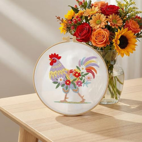 Shimmeroo Funny Animal Embroidery Kits for Beginners, Hand Embroidery Kit for Adults, Rooster Flower Pattern Cross Stitch DIY Needlepoint Kit with Hoops & Fabric Shimmeroo