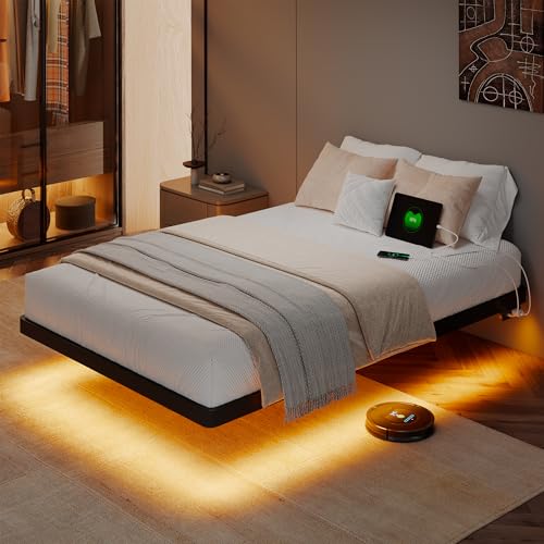 GalnFu Twin Size Floating Bed Frame with LED Lights and Charging Station, Metal Platform Bed with Power Outlet, Heavy Duty Steel Slats Support, Noise Free, No Box Spring Needed, Easy Assembly GalnFu