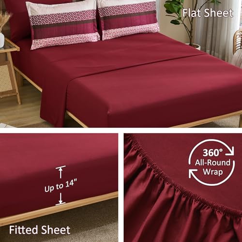 DJY Boho Comforter Set King Size,7 Pieces Bed in a Bag Burgundy Red Striped Bedding Sets,Patchwork Soft Microfiber Bedding Set for All Season(104"x90") DJY