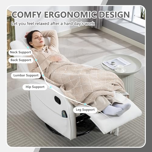 HRVEOCEI Small Recliners for Small Spaces, Manual White Recliner Rocking Chair for Nursery, Velvet Swivel Glider Recliner with Heat and Massage, Side Pockets, Living Room Bedroom (Light White)