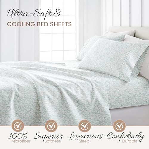 Linen Market Double-Brushed Patterned Microfiber Twin Sheet Set 3 Piece – Oeko-TEX Certified Ultra Soft & Wrinkle-Free - 16" Deep Pocket Sheets - Easy Care Twin Size - Burst of Vines Light Blue Linen Market
