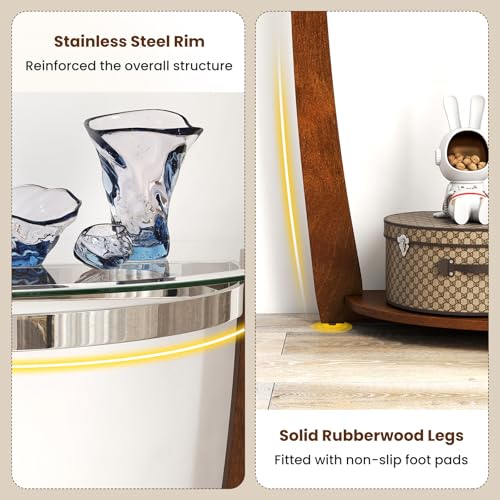 BECOMFORT Glass Console Table, Half Moon Entryway Table with Tempered Glass Top & Solid Rubberwood Legs, Modern Hallway Table, Behind Couch Sofa Table for Living Room, Entry, Porch (Walnut) BECOMFORT