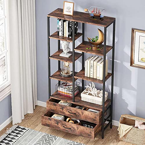 Tribesigns Industrial Tall Bookshelf with Drawers - Open and Hidden Storage for Home Office - Brown Etagere Bookcase - WoodArtSupply