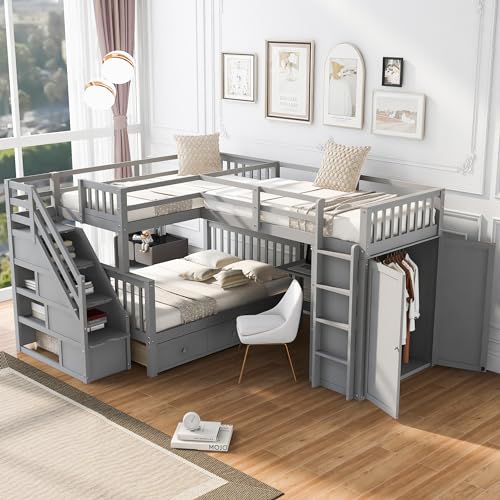 Bellemave L Shaped Triple Bunk Bed with Storage Staircase, Wardrobe, Desk & Drawers, Wooden Bunk Bed for 3 Kids, Twin Over Full Bunk Beds, L-Shaped Loft Bed for Kids, Teens, Adults (Gray) Bellemave