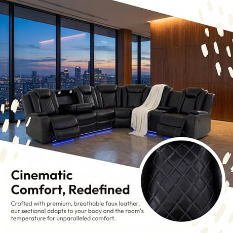Bicerkib Leather Sectional Sofa with Recliner,Power Recliner Sectional Couches for Living Room Furniture Sets,Leather L Shaped Reclining Sofa with LED Lights/Storage Console/Cup Holders,Black Bicerkib