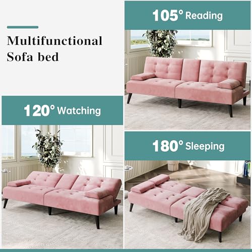 Meilocar Futon Sofa Bed, Modern Convertible Sofa Couch Recliner, 64 in Adjustable Sofa Bed for Living Room, Removable Armrest Pillow, 2 Cup Holders, 3 Angles Back, 5.3FT, Pink Meilocar