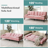 Meilocar Futon Sofa Bed, Modern Convertible Sofa Couch Recliner, 64 in Adjustable Sofa Bed for Living Room, Removable Armrest Pillow, 2 Cup Holders, 3 Angles Back, 5.3FT, Pink Meilocar