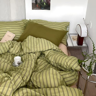 mixinni Vintage Stripes Duvet Cover Set Full - 3-Piece Mid-Century Cotton Olive & Taupe Striped Bedding, Soft Breathable All-Season Comforter Cover with Zipper Closure & Corner Ties-Full Size