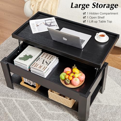 VECELO Lift Top Coffee Table with Storage Shelf and Hidden Compartment for Living Room/Office Reception, Dark Black - WoodArtSupply