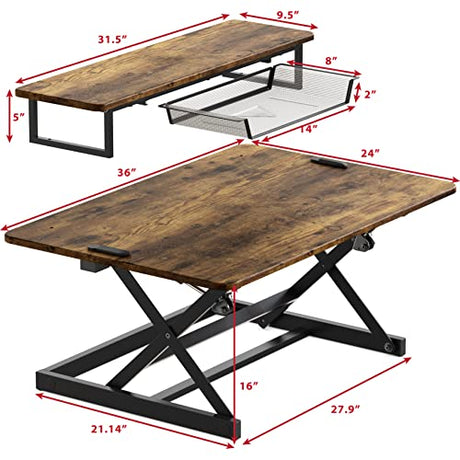 SHW 36-Inch Height Adjustable Standing Desk Converter Sit to Stand Riser Workstation, Rustic Brown SHW