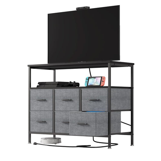 TV Stand Dresser with Power Outlet Charging Station for Bedroom with 6 Large Fabric Drawers, Media Table Entertainment Center with Open Storage Shelves, Living Room Furniture