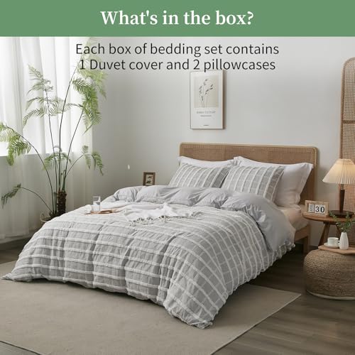 Ranunculus Tufted Stripes King Duvet Cover Set, Fluffy Washed Microfiber Grey Duvet Cover King Size with Button Closure & 2 Pillow Shams for All Seasons, Comforter Not Included (Grey Check,104"x90") Ranunculus