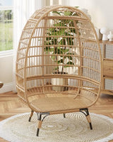 PeacefulHues Oversize Wicker Egg Chair with Plush Cushion, Rattan Egg Basket Lounge Chair Winter Egg-Shaped Chair w/Steel Frame and 4 Cushions for Patio, Porch, Beige PeacefulHues