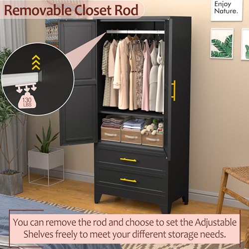 Metal Wardrobe Closet with 2 Doors & 2 Drawers, 71" Tall Armoire Wardrobe Closet with Hanging Rods and Adjustable Shelf, Steel Wardrobe Storage Cabinet for Bedroom-Black