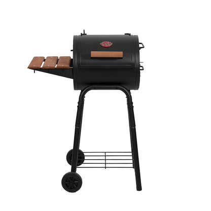 Char-Griller® Patio Pro Charcoal Grill and Smoker with Cast Iron Grates, Premium Wood Shelf and Damper Control, 250 Cooking Square Inches in Black, Model E1515