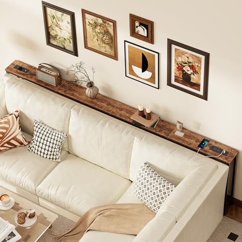 SUPERJARE 110.2 Inch Sofa Table with Power Outlets and USB-C Ports, 5.9 Inch Narrow Console Tables, Entryway Hallway Couch Tables with Storage, Behind Sofa, Small Spaces, Living Room, Rustic Brown SUPERJARE