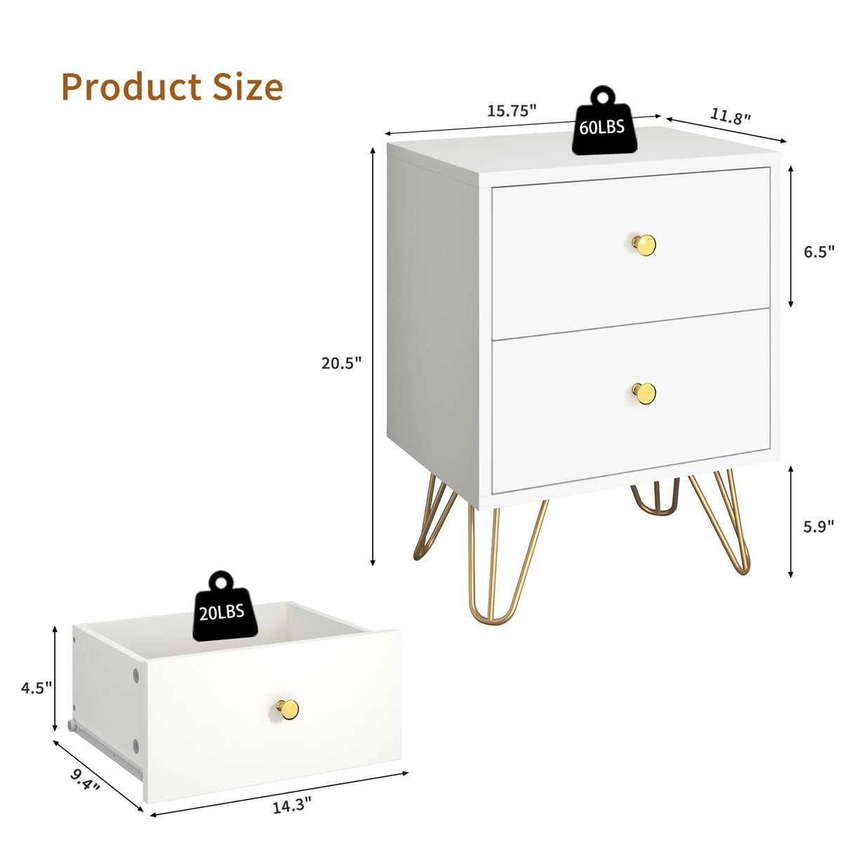 Tradare 7 Drawer Dresser and Night Stand Sets for Bedroom, Two Drawers Nightstand Set of 2 & 7 Drawer Dresser with Gold Handle, Modern White and Gold Dresser Set Tradare