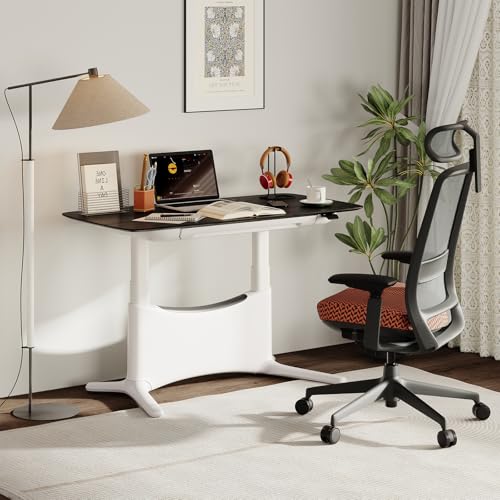 COLAMY Electric Adjustable Standing Desk – 48 x 28 Inch Sit Stand Desk with Drawer & Cable Management, Dual Motor Lift System, Ergonomic Footrest, Home Office Table (Veneer Desktop, Black Oak + White) COLAMY