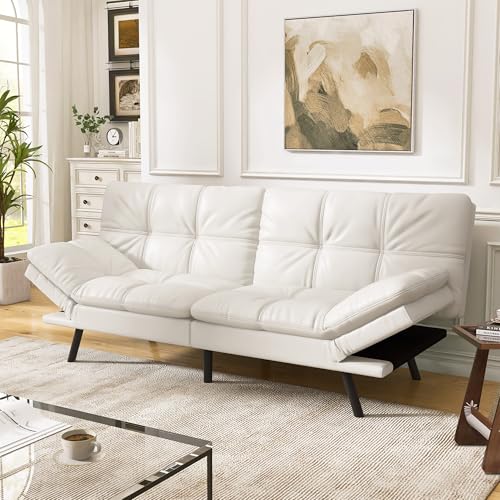 AMICLIBER Convertible Faux Leather Futon Sofa Bed,Memory Foam Futon Couch,Small Splitback Modern Folding Loveseat Sleeper Sofa Couches for Living Room,Office,Apartment,White AMICLIBER