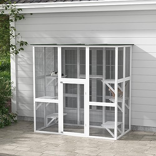 PawHut Outdoor Cat House Big Catio Wooden Feral Cat Shelter Enclosure with Large Spacious Interior, 6 High Ledges, Weather Protection Asphalt Roof, 71" L, White PawHut
