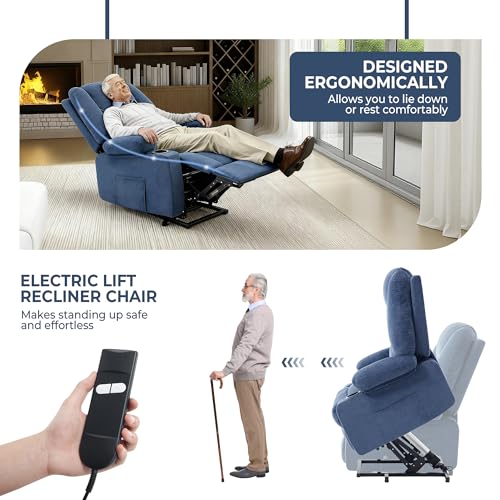 KCQ Overstuffed Electric Recliner Chairs for Adults with Cup Holder and USB Port, Fabric Power Lift Recliner Chair with Heat and Massage for Elderly Seniors, Blue