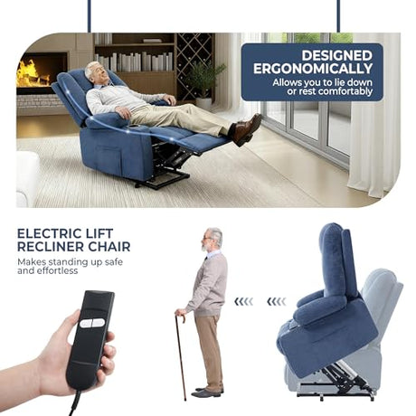 KCQ Overstuffed Electric Recliner Chairs for Adults with Cup Holder and USB Port, Fabric Power Lift Recliner Chair with Heat and Massage for Elderly Seniors, Blue KCQ