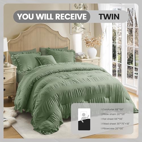 QUIETSEA Twin Comforter Set Seersucker 5 Pieces Luxury Ruffle Bed in a Bag Twin Size for All Season Green Bedding Set with Comforter, Pillowcase, Flat Sheet, Fitted Sheet and Pillow Sham QUIETSEA