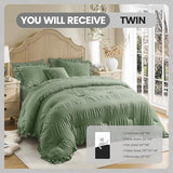 QUIETSEA Twin Comforter Set Seersucker 5 Pieces Luxury Ruffle Bed in a Bag Twin Size for All Season Green Bedding Set with Comforter, Pillowcase, Flat Sheet, Fitted Sheet and Pillow Sham QUIETSEA