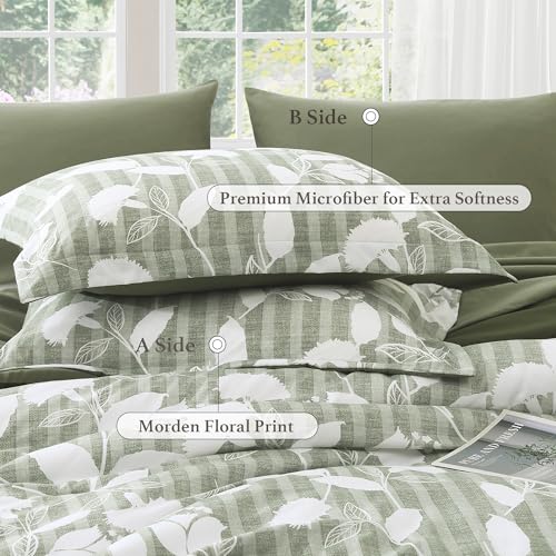 BLOOMHAVEN Queen Comforter Set -7 Pieces Sage Green Floral Comforter Set for All Seasons, Bed in a Bag Queen with Botanical Flowers Comforter, Sheets, Pillowcases & Shams BLOOMHAVEN