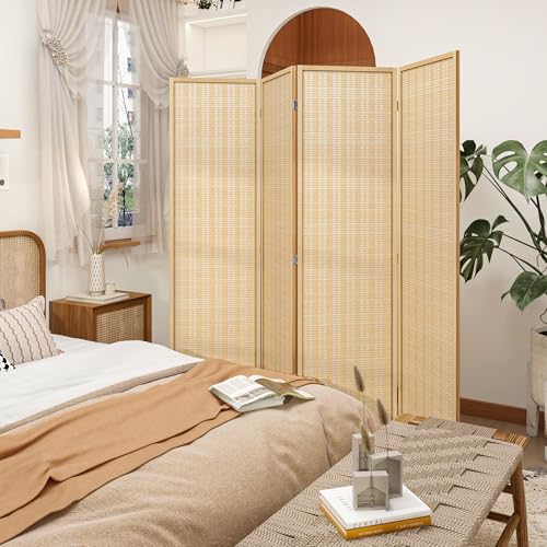 Salfanre Bamboo Room Divider 4 Panel, Folding Privacy Screens for Room Separation, 5.6 FT Freestanding Room Divider for Home, Bedroom and Office, Assembly-Free, Natural Salfanre