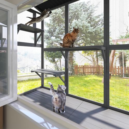 TIMHAKA Cat Catio, Expandable Window Box Enclosure for Multiple Indoor Cats, Comfortable Wooden Small Pet Perch House, All-Weather Use, for Safely Enjoying Outdoor Sights, Playing, Sunbathing, Napping TIMHAKA