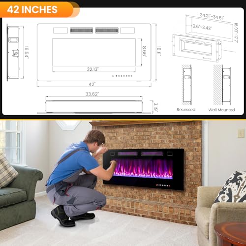 ORALNER 42” Smart WiFi App Controlled Electric Fireplace, Ultra Thin Linear Recessed & Wall Mounted Fireplace Heater with Adjustable Flame Color & Speed, Remote, 12 H Timer (42 INCHES) ORALNER