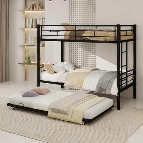 IHUESHO Triple Bunk Bed with Trundle, 400lb Heavy Duty Metal Twin Over Twin Bunkbed, 13.19" Extra High Guardrail, 3-in-1 Convertible to 3 Separate Beds, Kids Teens Adults, No Box Spring (Black) IHUESHO