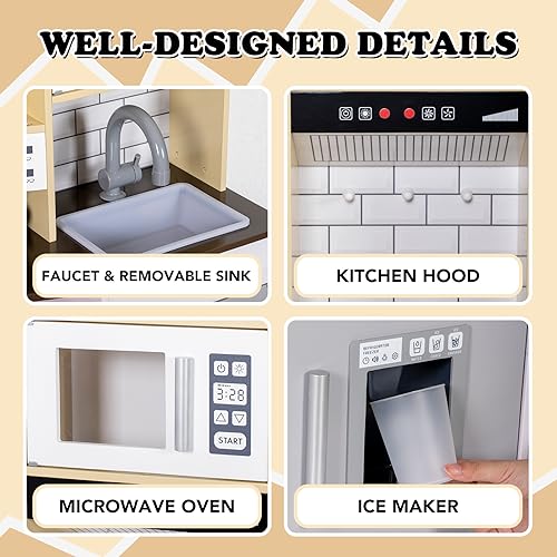 BRINJOY Kitchen Playset for Kids, Wooden Toddler Play Kitchen w/Faucet, Sink, Microwave, Oven, Apron, Cabinets, Children Pretend Play Cooking Toy Set w/Sound & Light, Gift for Girls Boys Age 3+ BRINJOY