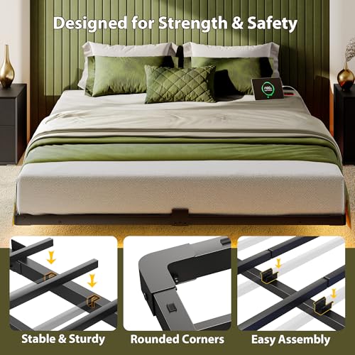 Bed Frame Queen Size, Floating Bed Frame with Smart LED Lights & Charging Station, Modern Metal Platform Queen Bed Frame with Mattress Slide Stopper, Noise-Free, No Box Spring Needed, Easy Assembly MORICAD