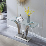 Henf Luxury Glass Console Table Modern 47" Slim Entryway Table with Silver Floral-Shape Stainless Steel Base and Clear Glass Top, Silver Sofa Tables for Living Room Hallway Corridor Office Henf