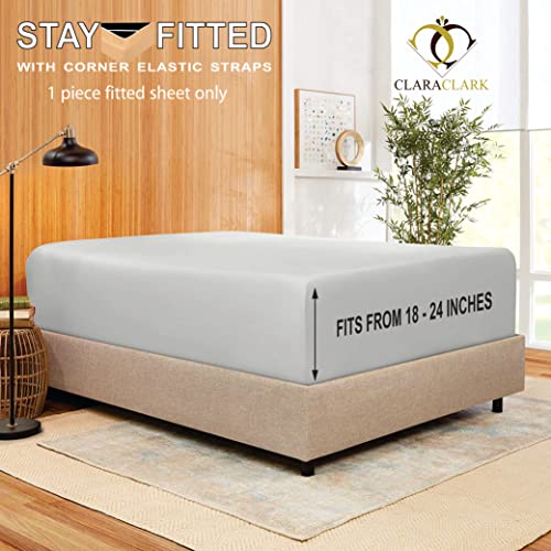 Clara Clark Stay Fitted Single Sheet, Fitted Sheet ONLY! Stay Fit on Mattress with Elastic Straps at Corners, Deep Pocket Fitted Sheet, Fits 18 to 24 Inch Mattress, Queen – Silver Light Gray Clara Clark